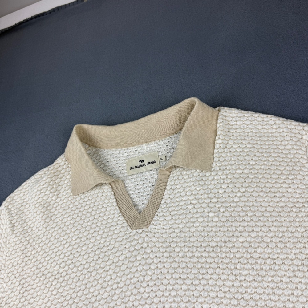 The Normal Brand Shirt Mens XL Cream Knit V-Neck Polo Pullover Old Money Pattern